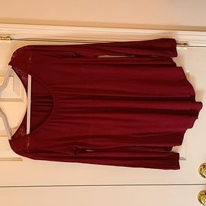 Maurices L Tunic Length Crochet Shoulder Burgundy Shirt EUC